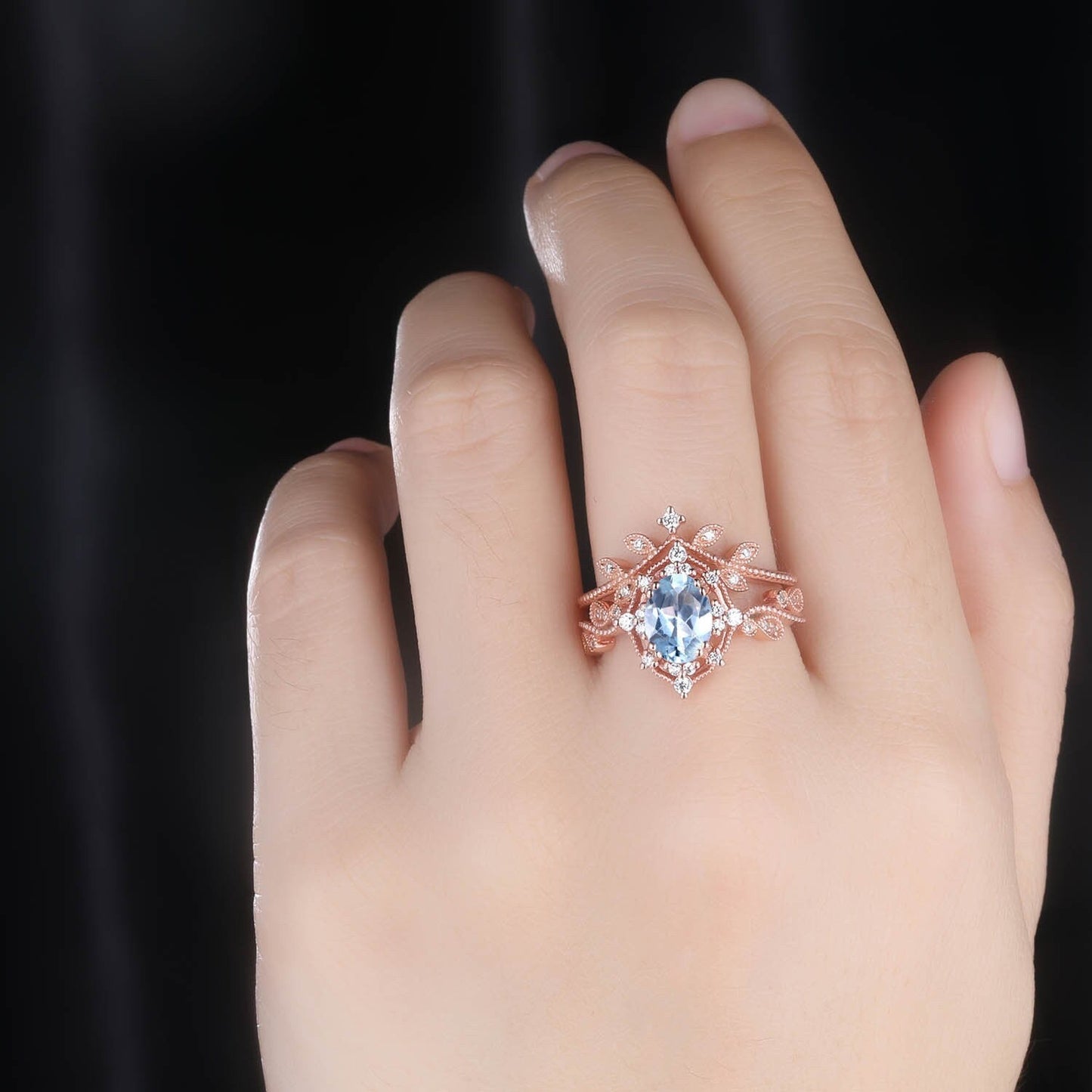 Aquamarine Wedding Ring Set Rose Gold Diamond Stackable Matching Band Aquamarine Engagement Floral Ring Art Deco Milgrain Anniversary
