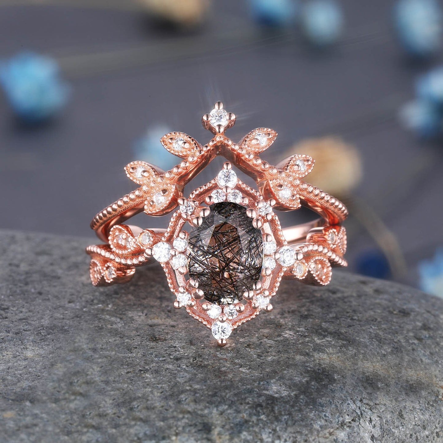 Aquamarine Wedding Ring Set Rose Gold Diamond Stackable Matching Band Aquamarine Engagement Floral Ring Art Deco Milgrain Anniversary