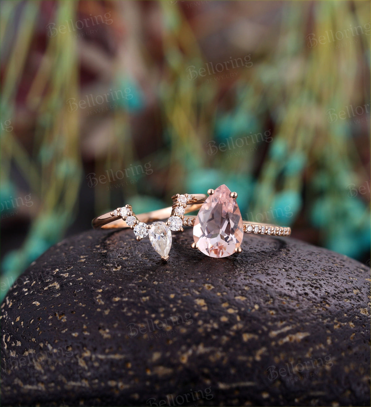 Morganite engagement ring pear shaped vintage moissanite Half eternity prong set Wedding set  antique Jewelry Anniversary wedding ring