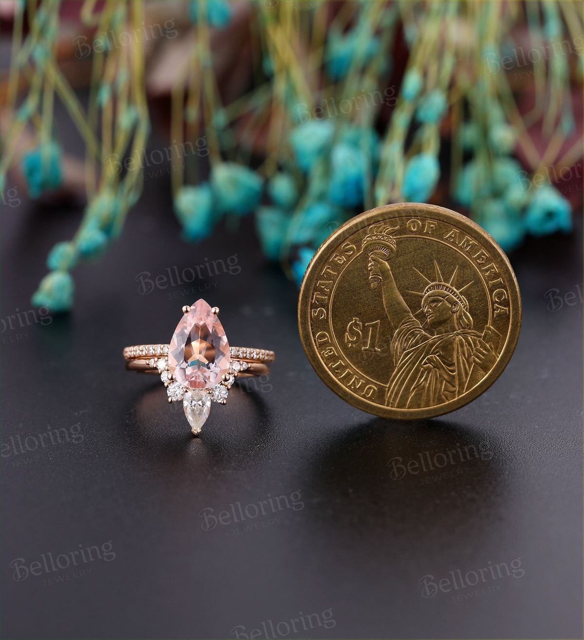 Morganite engagement ring pear shaped vintage moissanite Half eternity prong set Wedding set  antique Jewelry Anniversary wedding ring