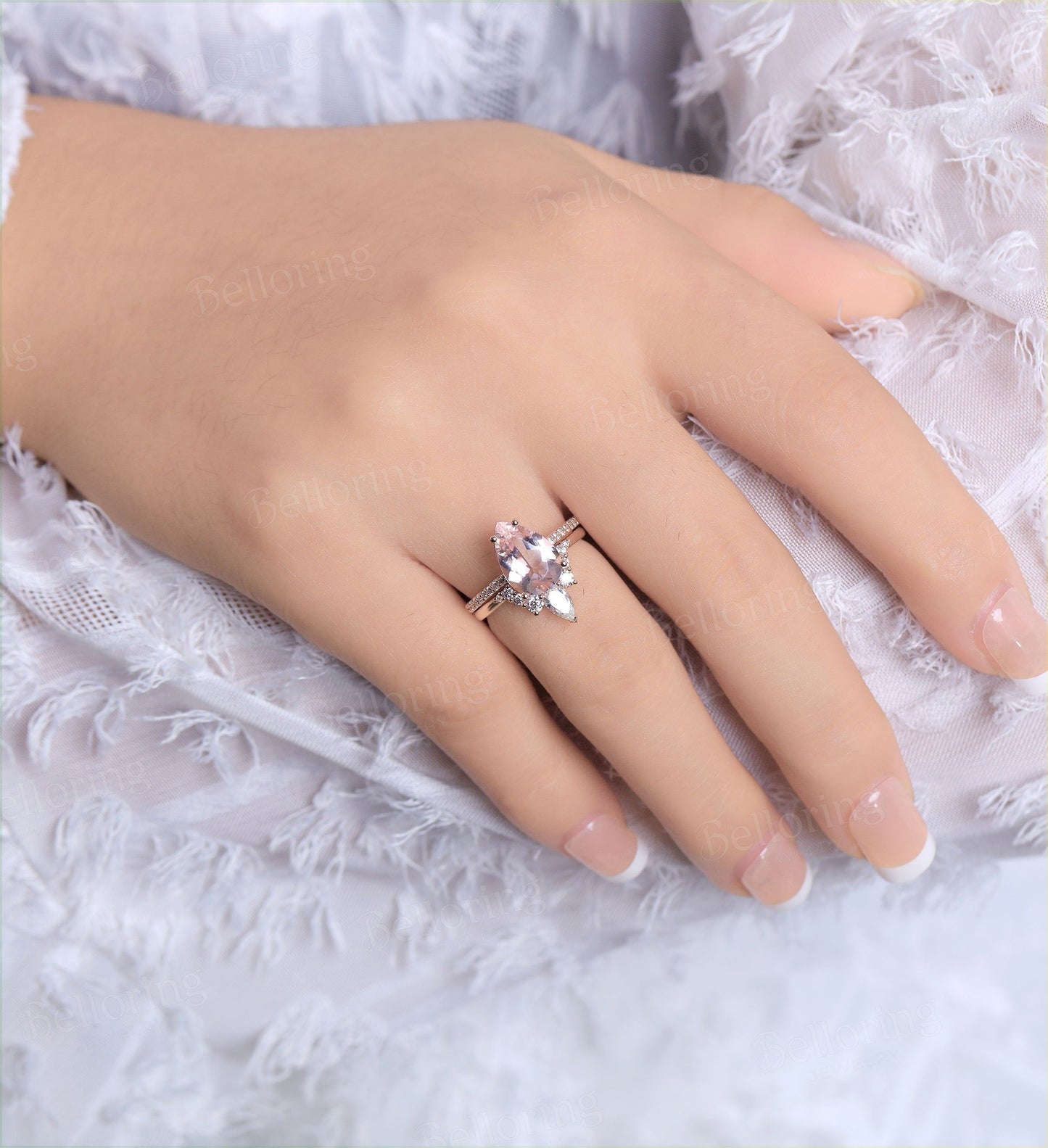 Morganite engagement ring pear shaped vintage moissanite Half eternity prong set Wedding set  antique Jewelry Anniversary wedding ring