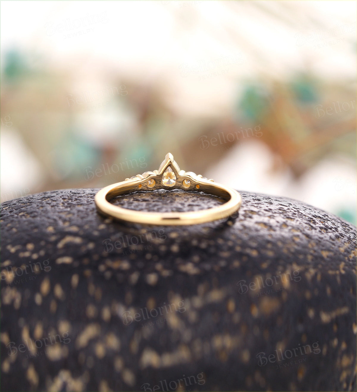 Moissanite wedding band woman solid gold ring Vintage Bridal Set Jewelry Antique Pear shaped crown dainty Promise Anniversary Gift for her