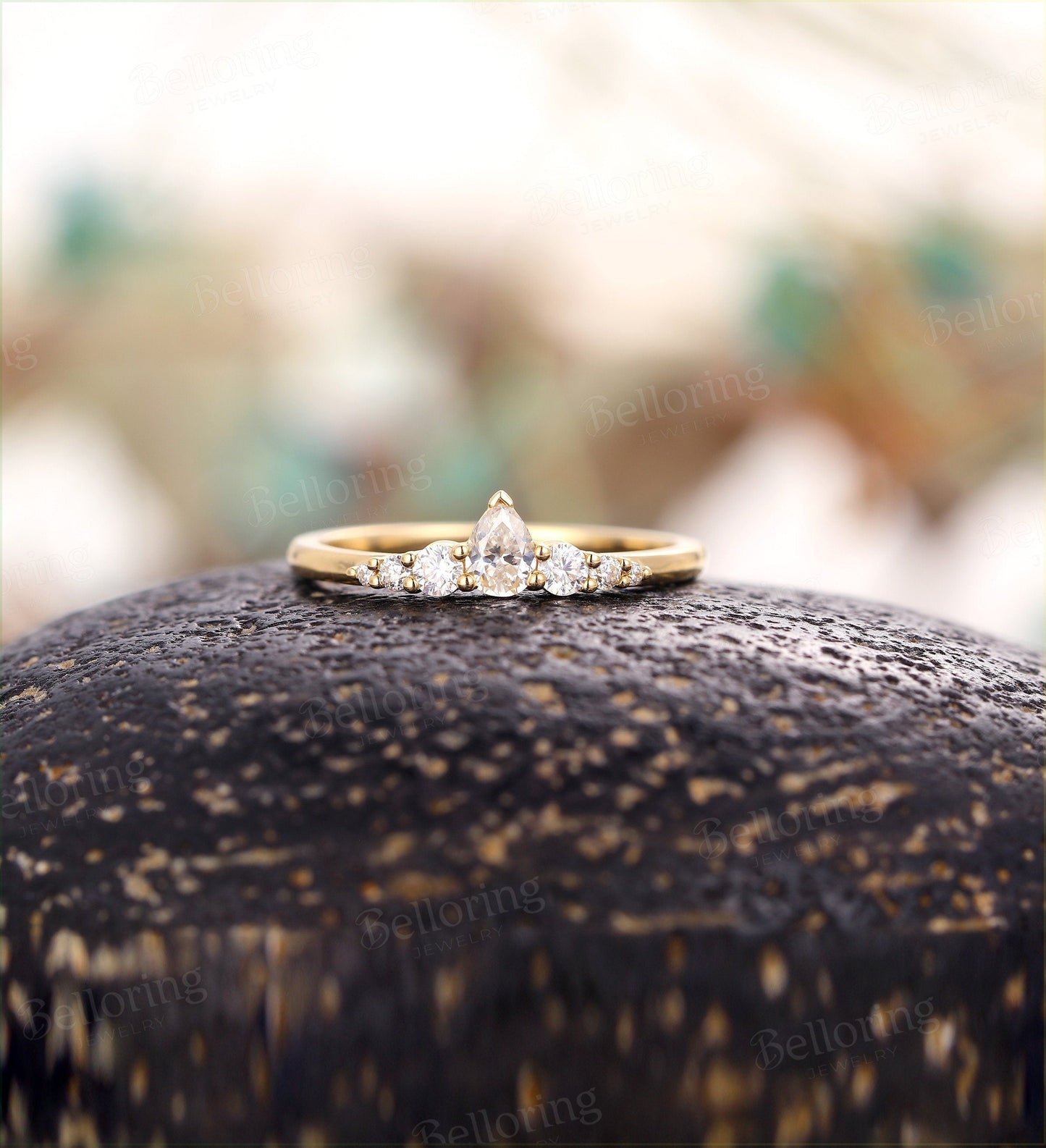 Moissanite wedding band woman solid gold ring Vintage Bridal Set Jewelry Antique Pear shaped crown dainty Promise Anniversary Gift for her
