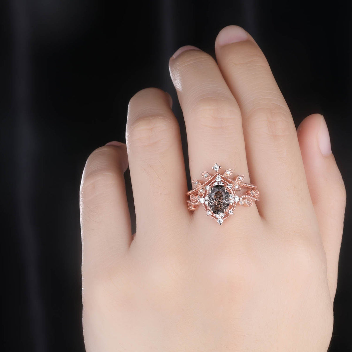 Black rutilated quartz ring set diamond wedding ring 2pcs rose gold quartz engagement ring women rose gold diamond matching band