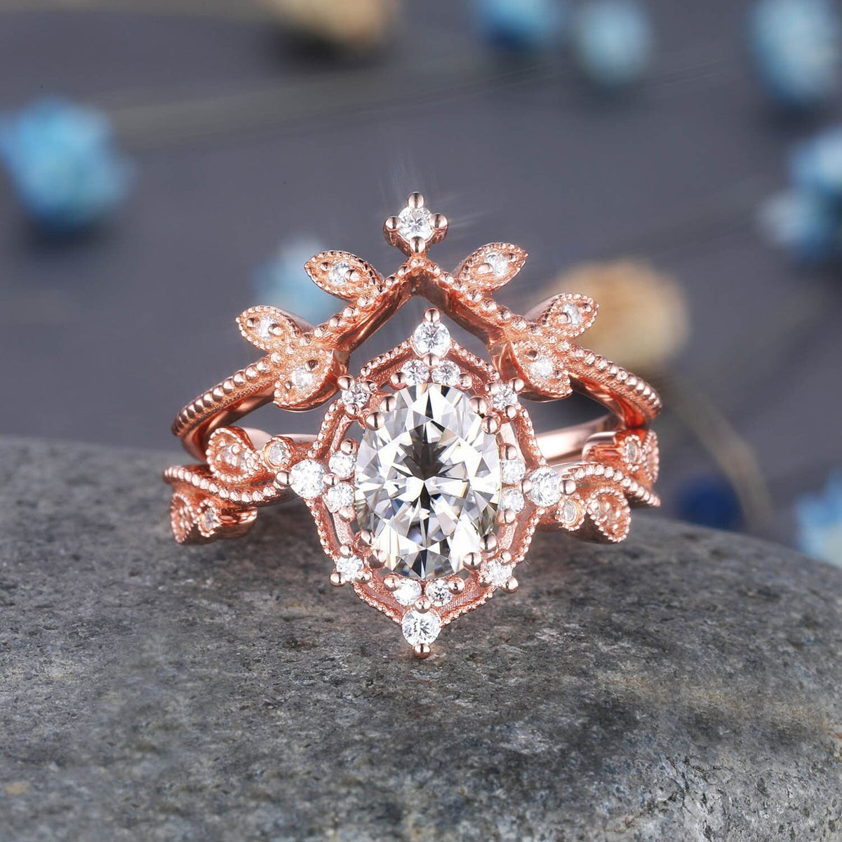Black rutilated quartz ring set diamond wedding ring 2pcs rose gold quartz engagement ring women rose gold diamond matching band