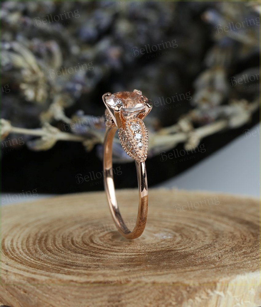 Morganite engagement ring 14k rose gold round cut vintage Halo diamond Half eternity Wedding  Bridal Jewelry Anniversary wedding ring