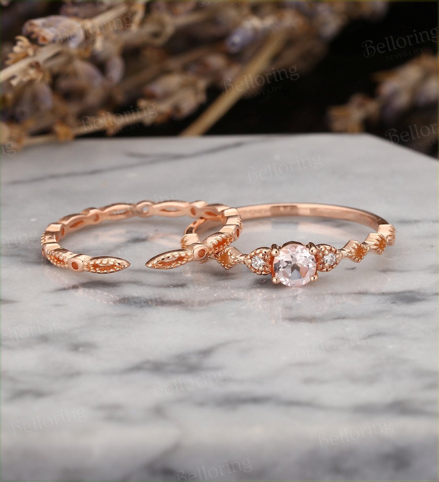 Art deco morganite engagement ring  Vintage diamond rose gold Unique wedding  Bridal Jewelry birthstone Anniversary wedding ring