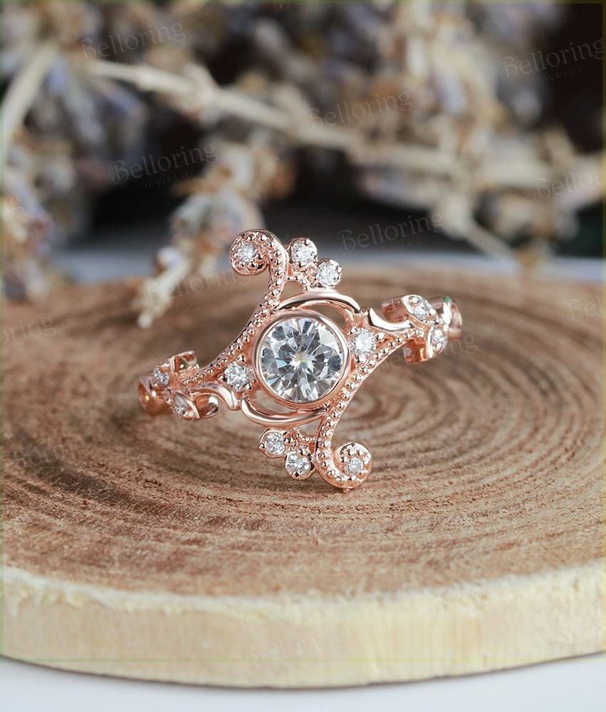 Moissanite engagement ring Vintage  rose gold round cut diamond Art deco  wedding Jewelry antique promise Anniversary wedding ring