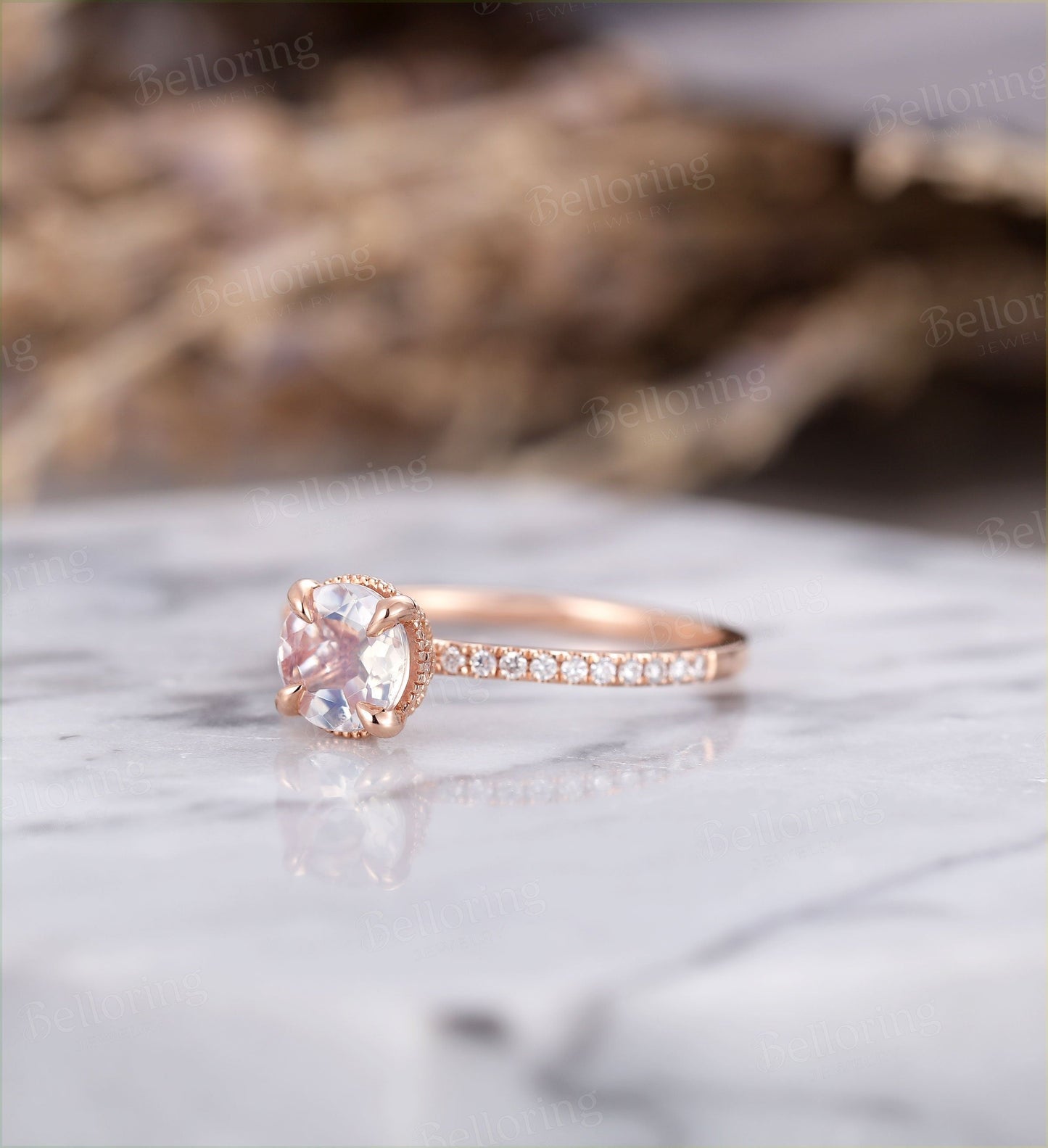 Moonstone engagement ring  vintage rose gold prong set diamond half eternity art deco Wedding Jewelry promise Anniversary wedding ring