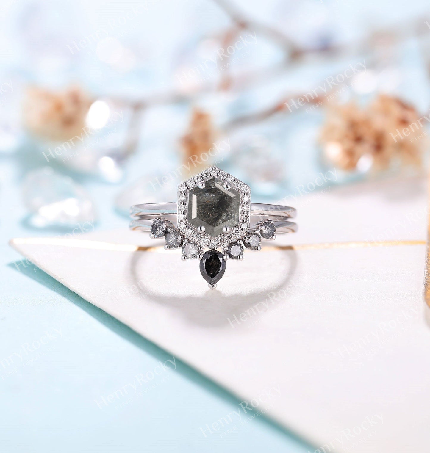 Salt and Pepper Diamond Engagement Ring set | Rose gold wedding Set | Curved diamond wedding band | Hexagon Bridal set | Anniversary promise