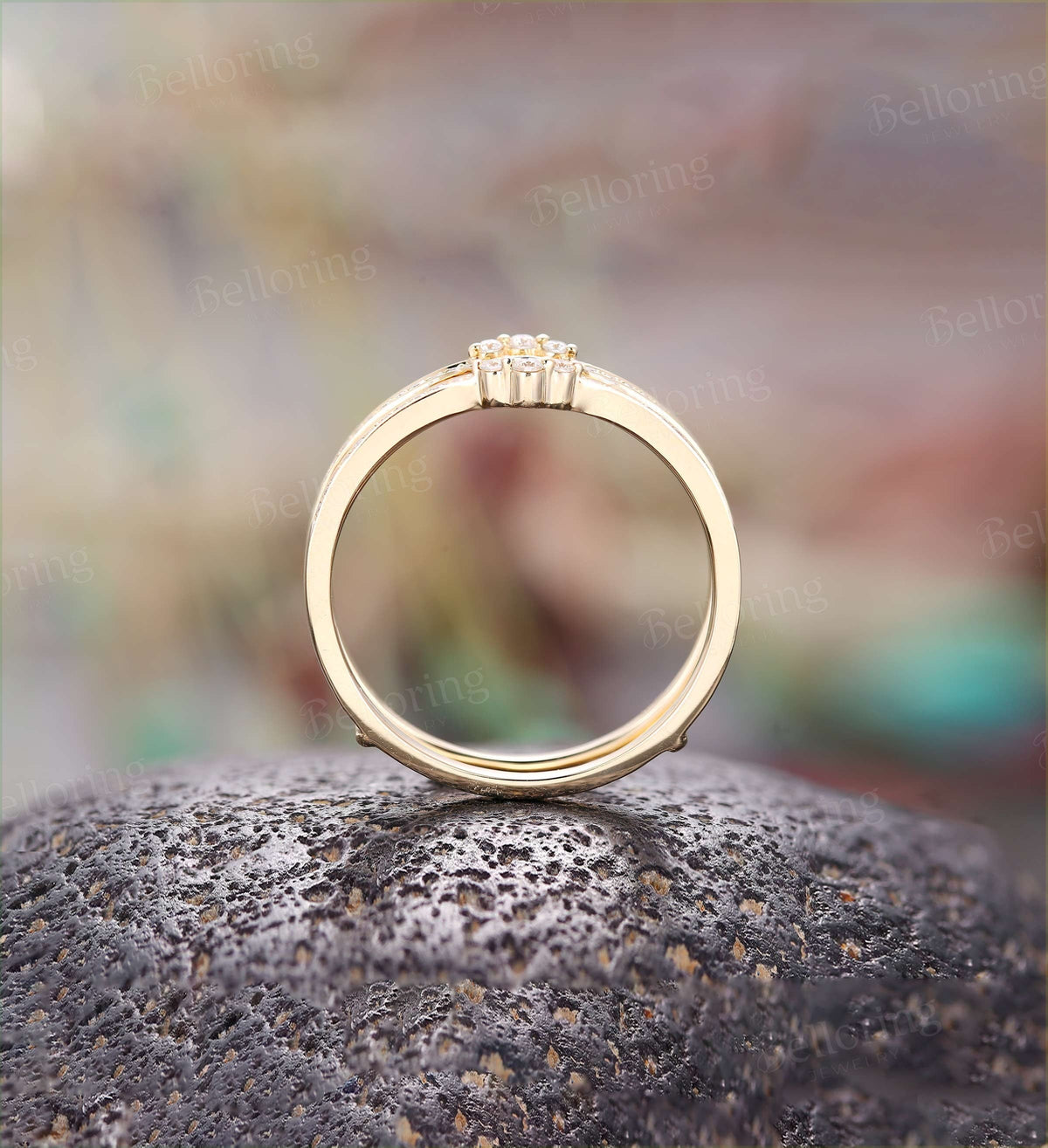 Moissanite Curved wedding band yellow gold ring Ring enhancer diamond curved band Antique ring matching band stacking rings