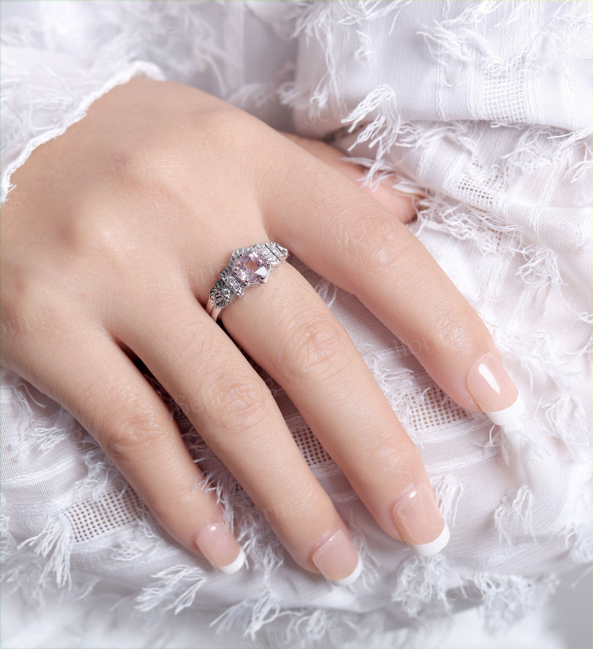 Morganite engagement ring white gold vintage engagement ring set Art deco Moissanite   Bridal set Anniversary Promise wedding ring