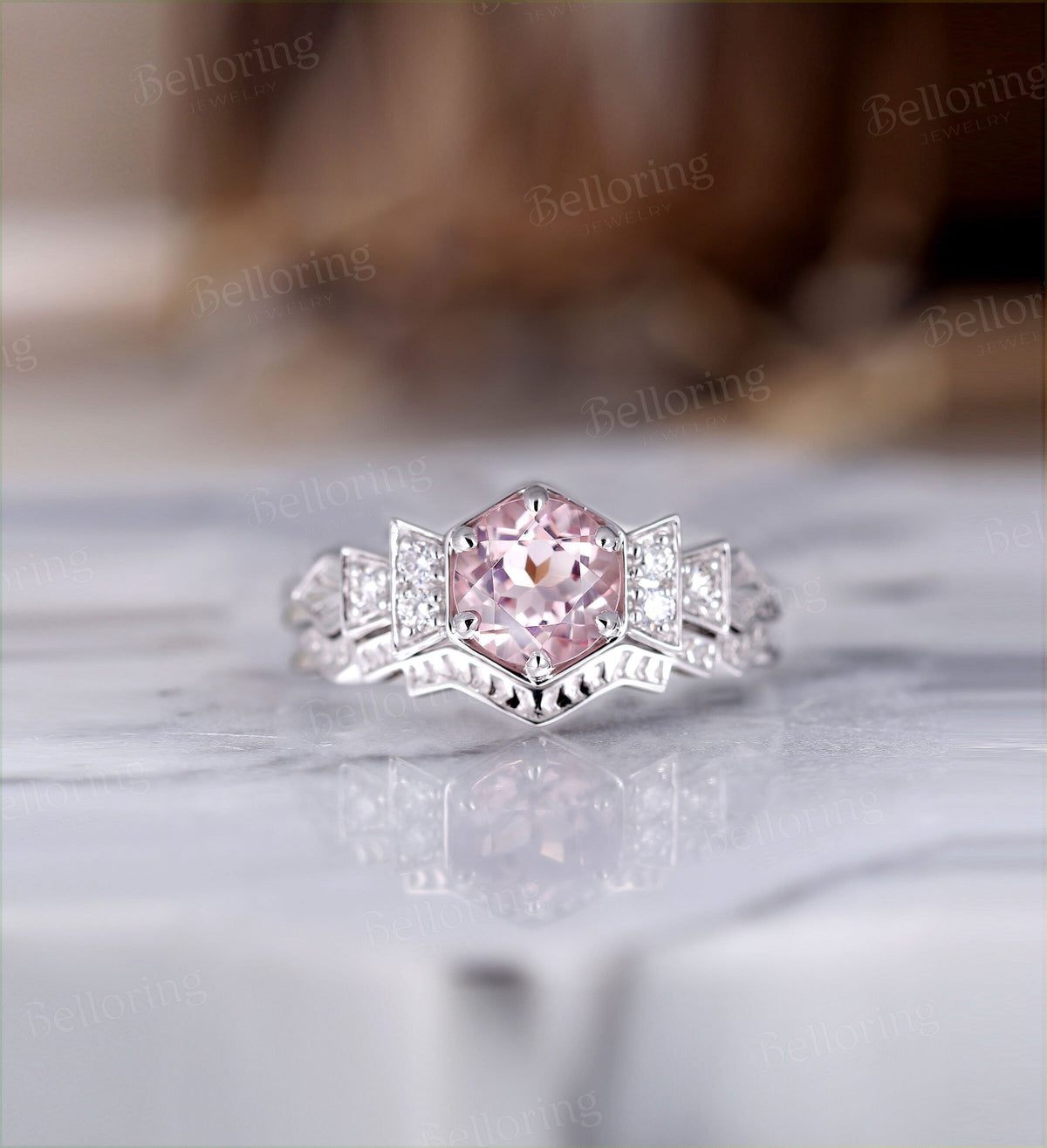 Morganite engagement ring white gold vintage engagement ring set Art deco Moissanite   Bridal set Anniversary Promise wedding ring