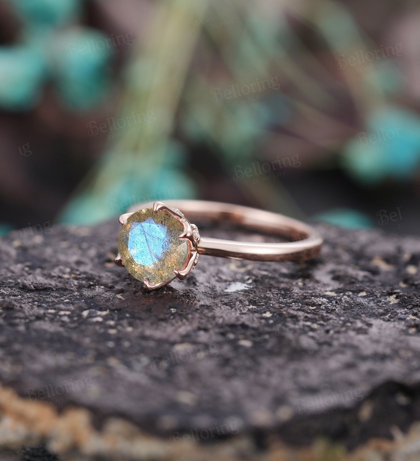 Labradorite engagement ring vintage prong set unique rose gold diamond art deco promise ring solitaire ring anniversary wedding ring