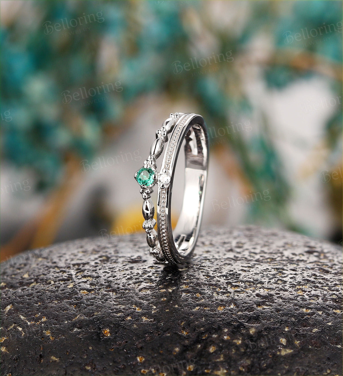 Emerald Engagement Ring white Gold ring vintage Milgrain ring round cut ring Art Deco ring Antique diamond wedding ring anniversary ring