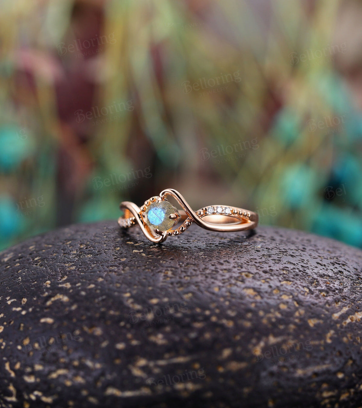 Labradorite engagement ring Vintage diamond ring twist ring rose gold ring Unique wedding ring Art deco ring antique ring celtic ring