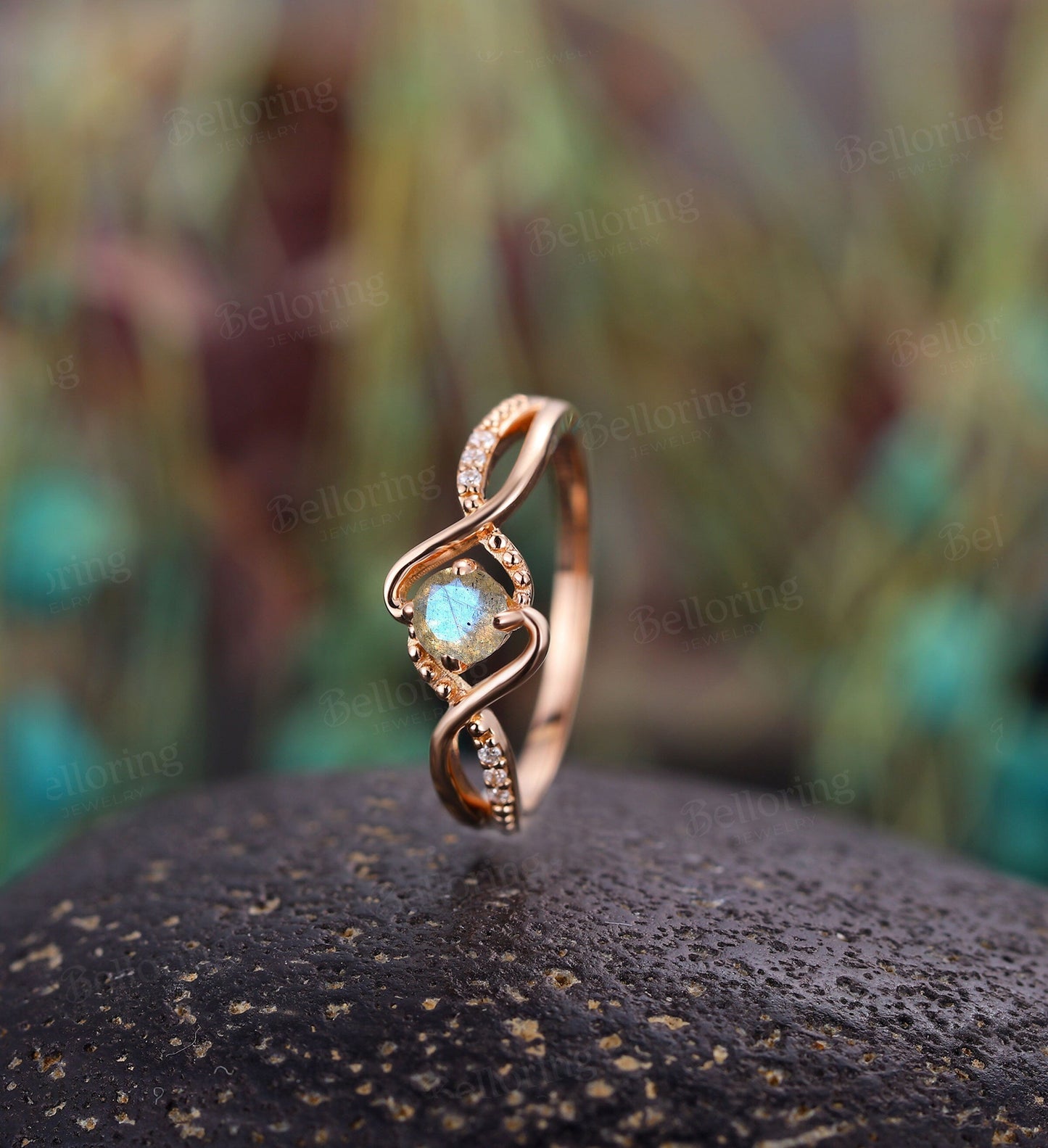 Labradorite engagement ring Vintage diamond ring twist ring rose gold ring Unique wedding ring Art deco ring antique ring celtic ring