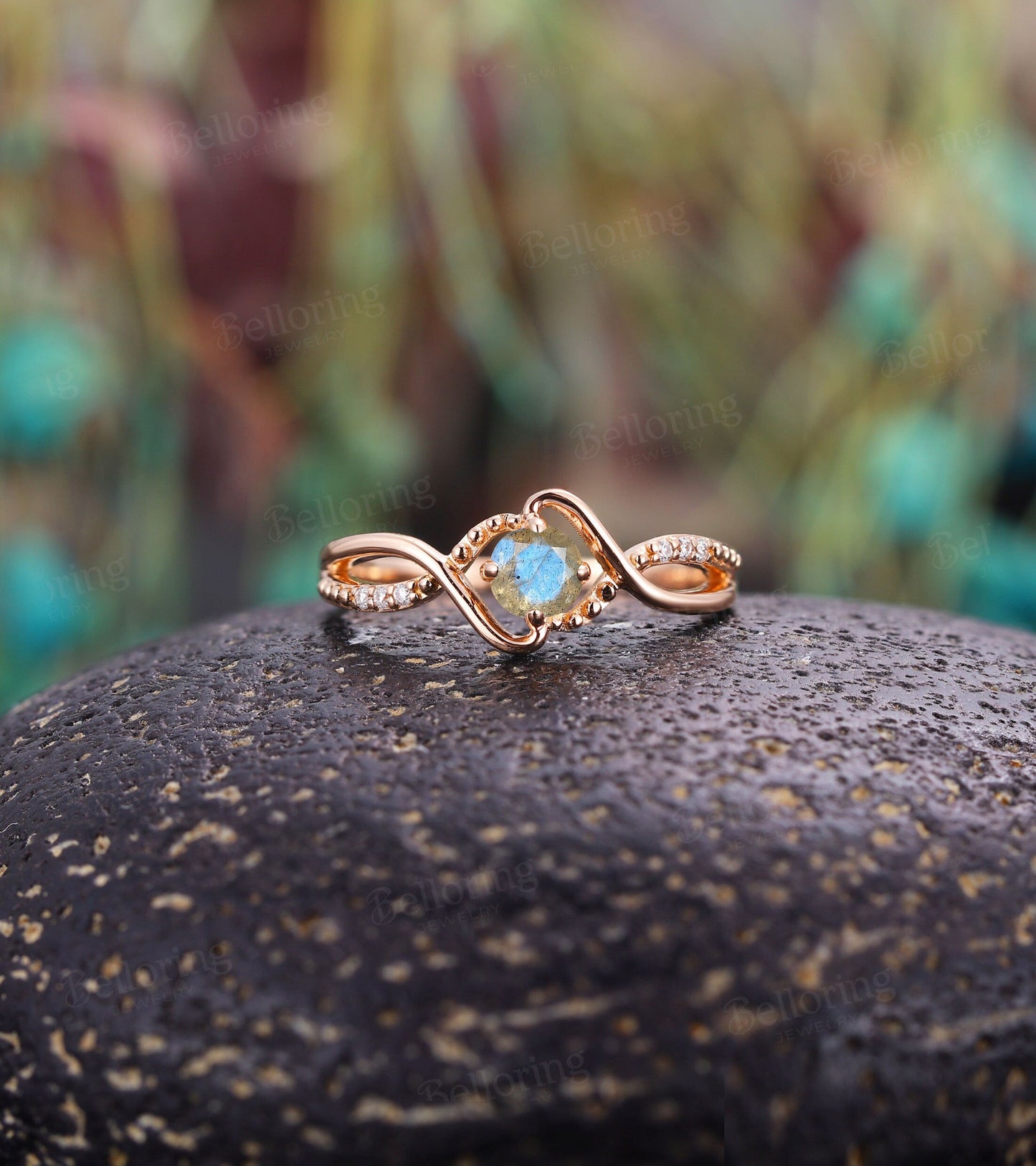 Labradorite engagement ring Vintage diamond ring twist ring rose gold ring Unique wedding ring Art deco ring antique ring celtic ring