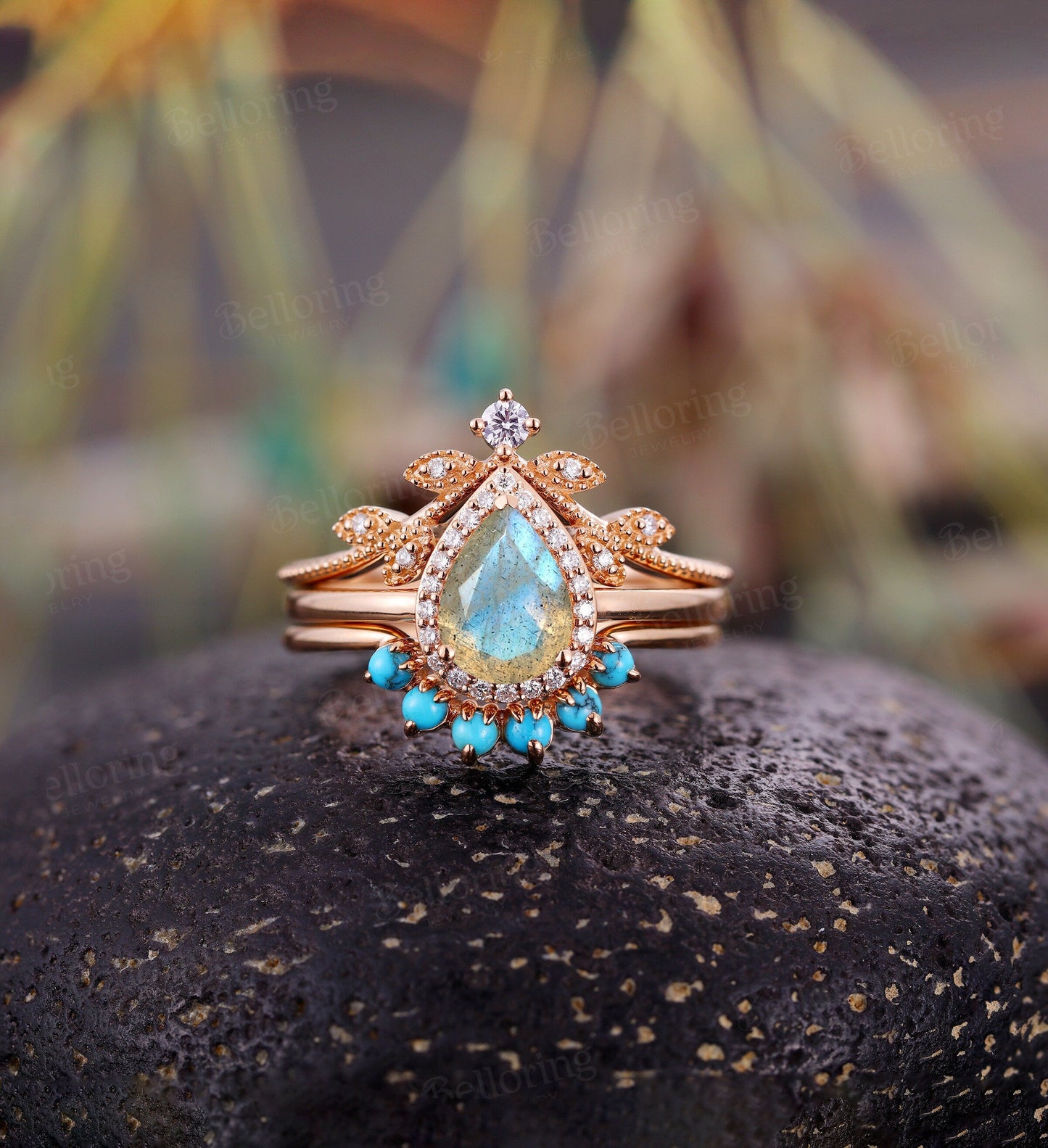 Labradorite engagement ring set art deco Rose gold ring set pear cut moissanite Wedding ring set Bridal ring set Anniversary ring set