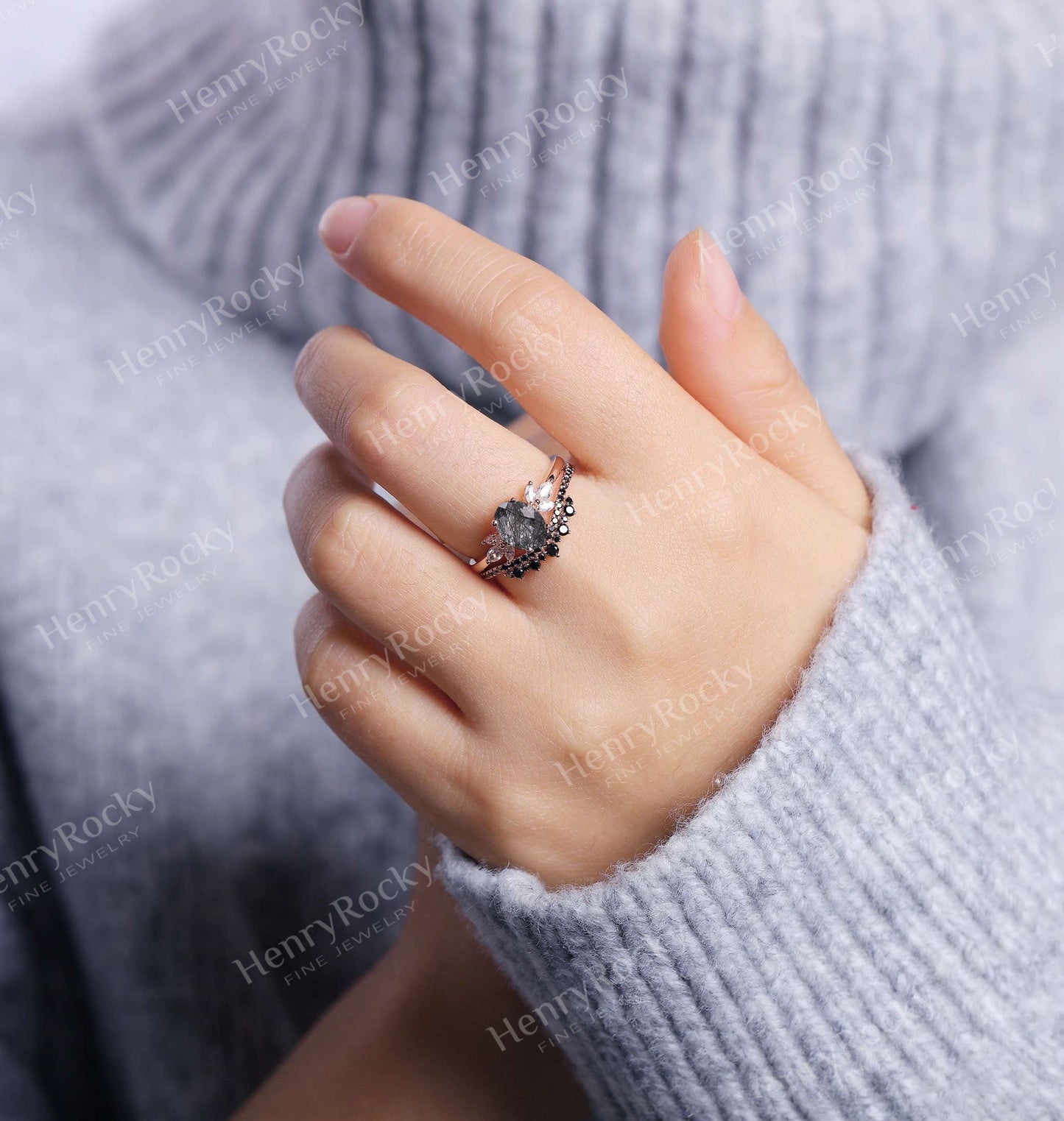 Black Rutilated Quartz Engagement Ring set | Oval shaped Rose gold ring |Art deco ring Black Diamond Wedding band | Anniversary Promise ring