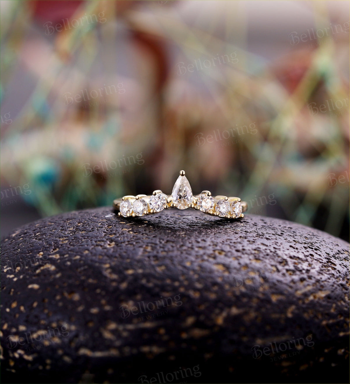 Moissanite Curved wedding band  pear shaped Solid yellow gold ring Vintage unique Jewelry Antique Matching Anniversary Gift for her