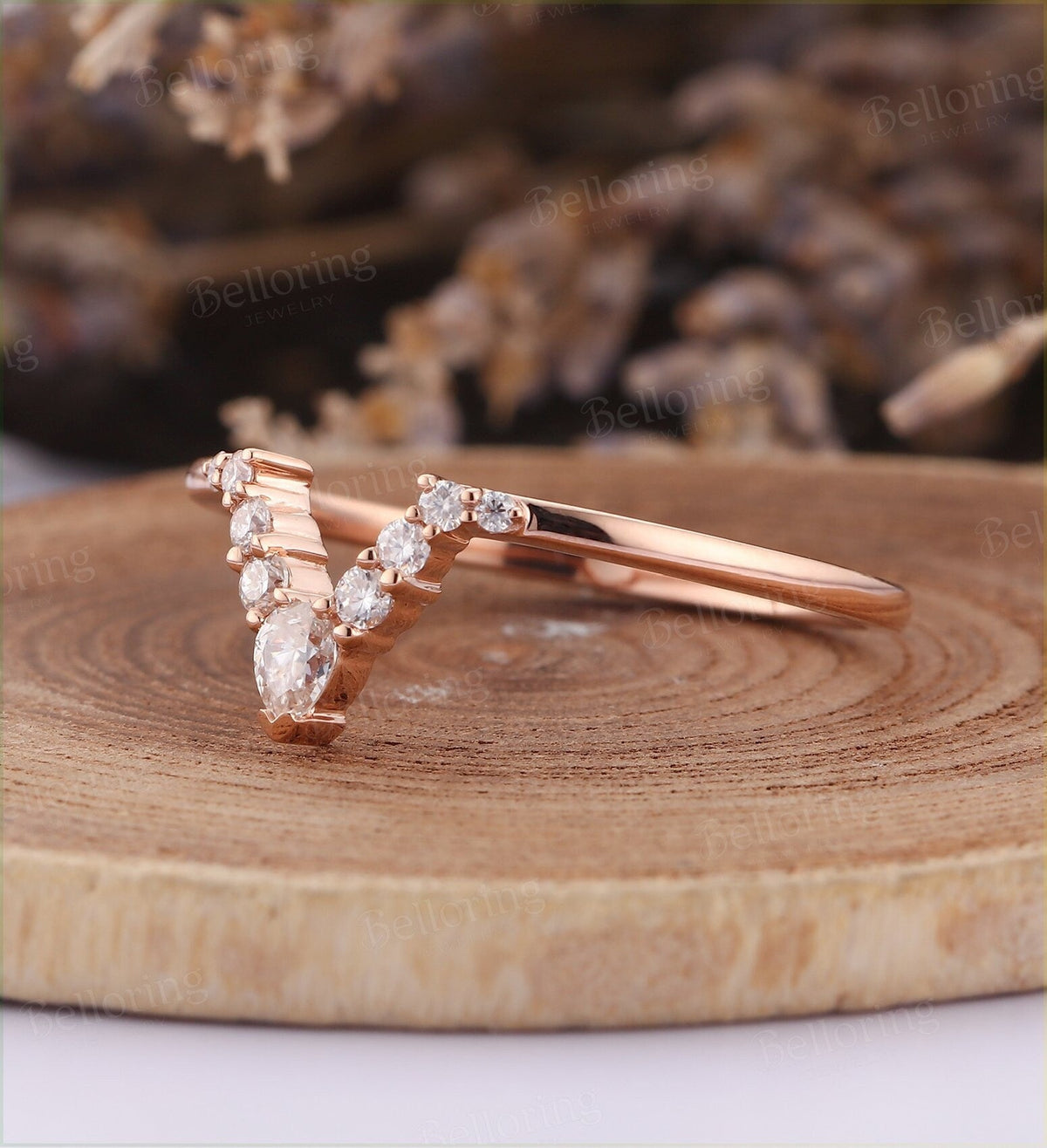 Moissanite Curved wedding band woman rose gold ring Vintage Bridal Set Jewelry Antique Solid 14K Matching Promise Anniversary Gift for her
