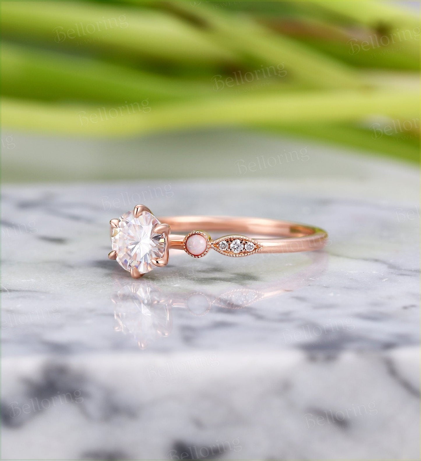 Moissanite engagement ring for  prong set dainty vintage milgrain Unique opal wedding antique Jewelry promise Anniversary wedding ring