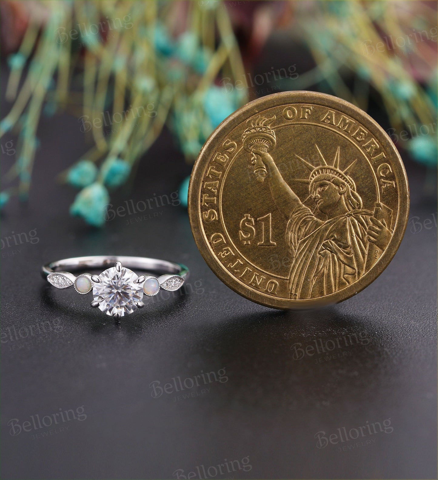 Moissanite engagement ring for  prong set dainty vintage milgrain Unique opal wedding antique Jewelry promise Anniversary wedding ring
