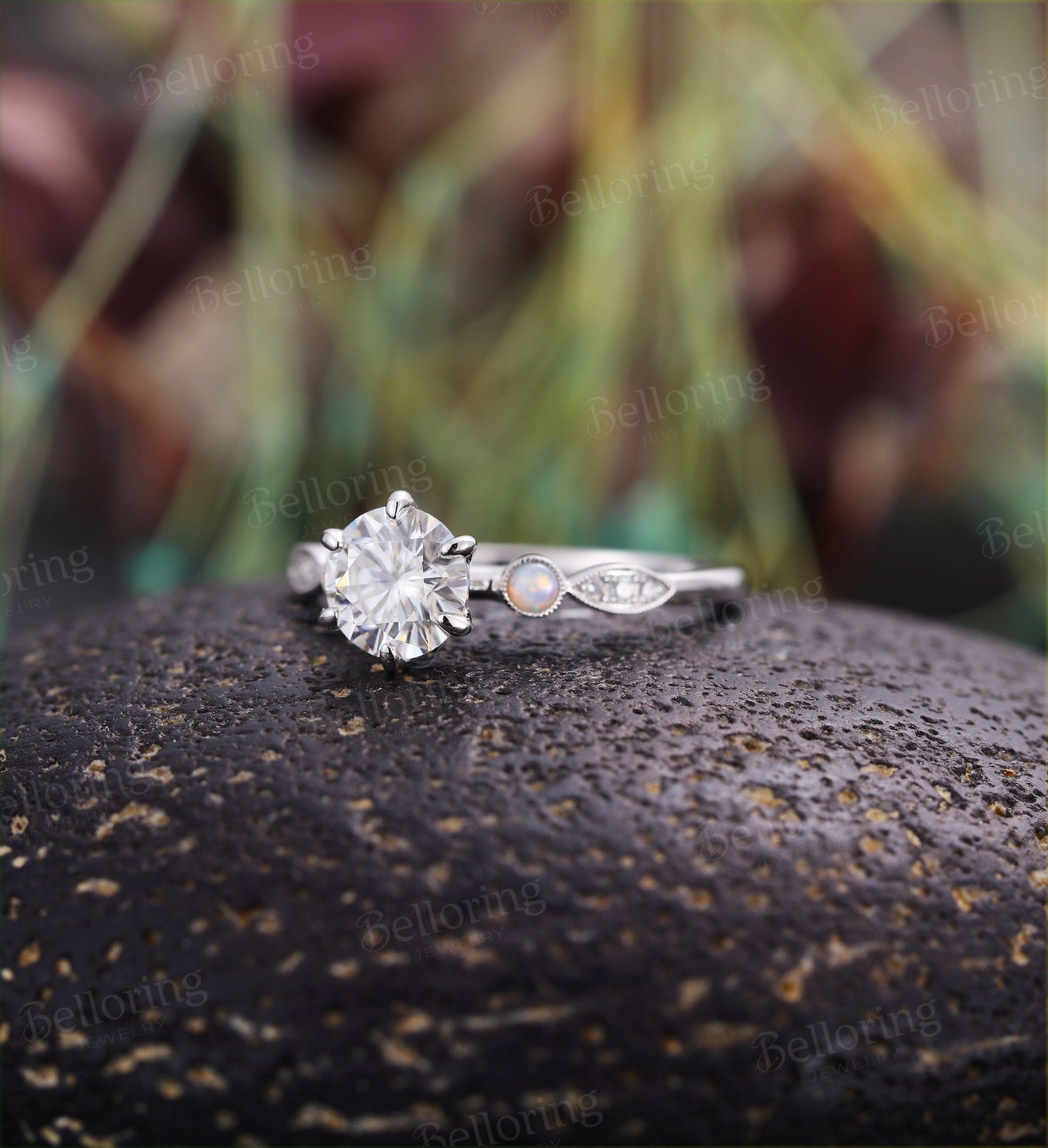 Moissanite engagement ring for  prong set dainty vintage milgrain Unique opal wedding antique Jewelry promise Anniversary wedding ring