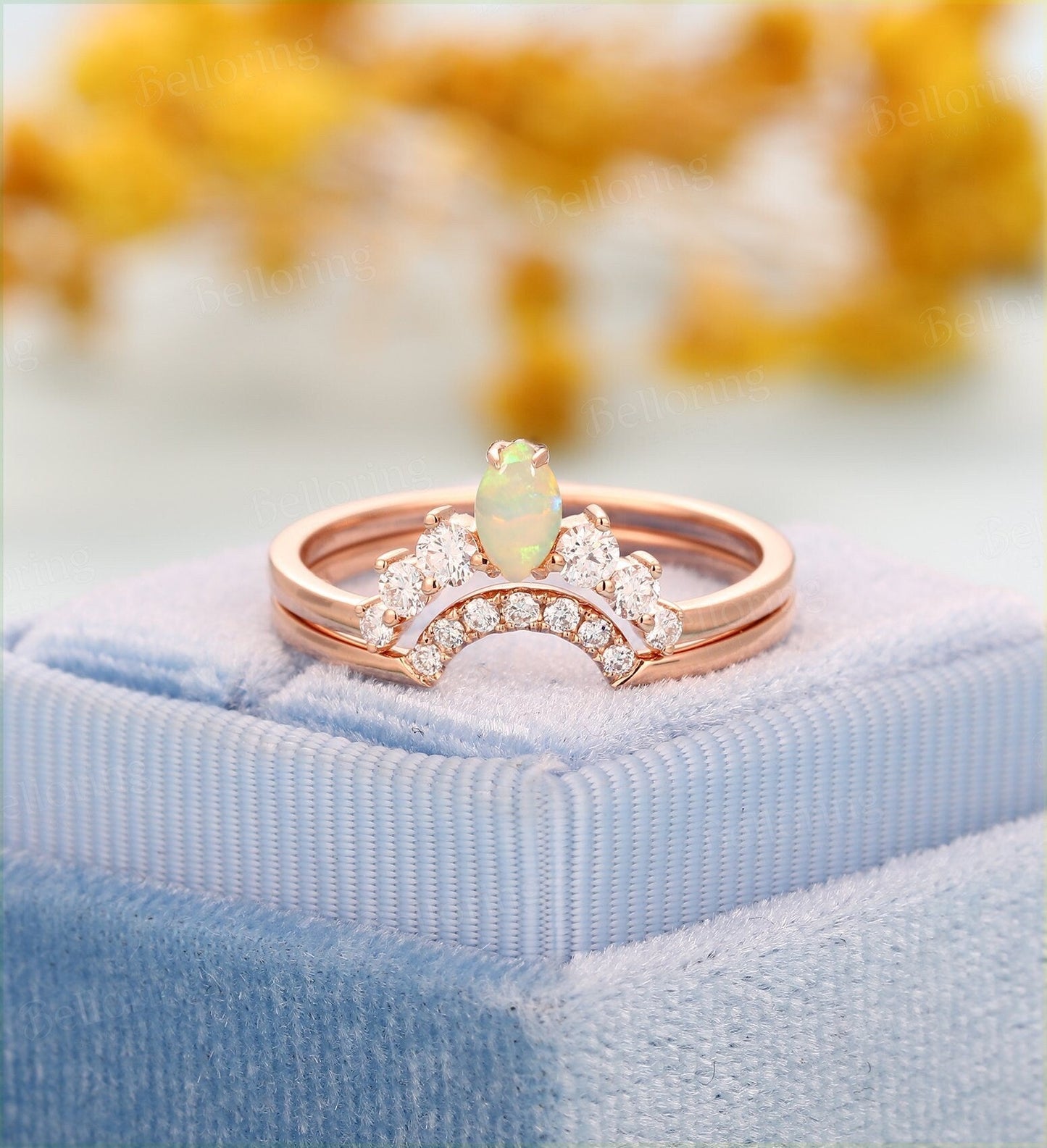 Morganite engagement ring rose gold pear cut vintage Half eternity diamond Marquise cut opal Wedding ring set  antique Jewelry 3 rings