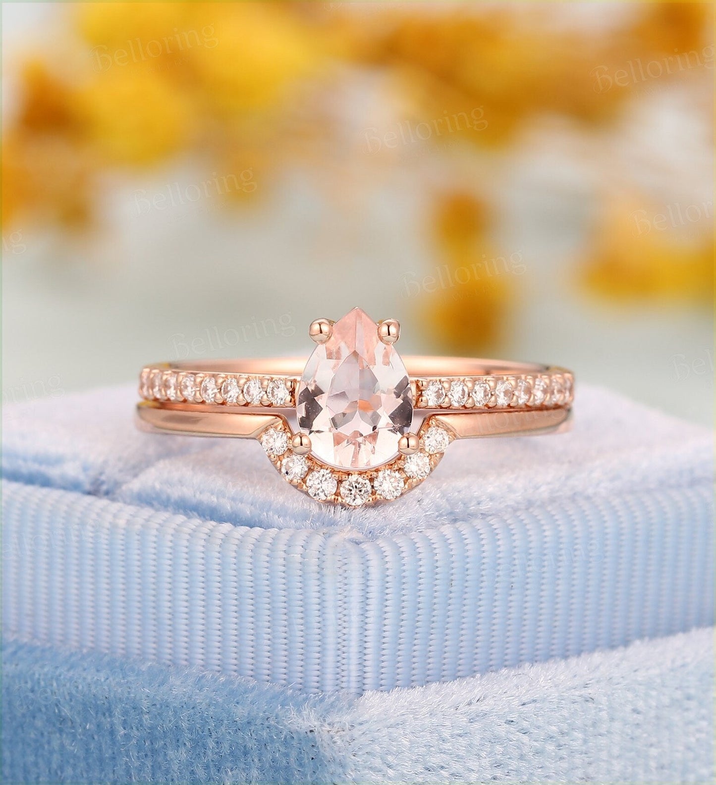 Morganite engagement ring rose gold pear cut vintage Half eternity diamond Marquise cut opal Wedding ring set  antique Jewelry 3 rings