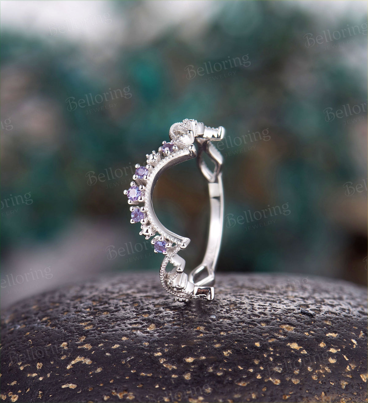 Alexandrite Curved wedding band  white gold ring Vintage Bridal ring stacking band Antique Matching band Promise ring milgrain ring