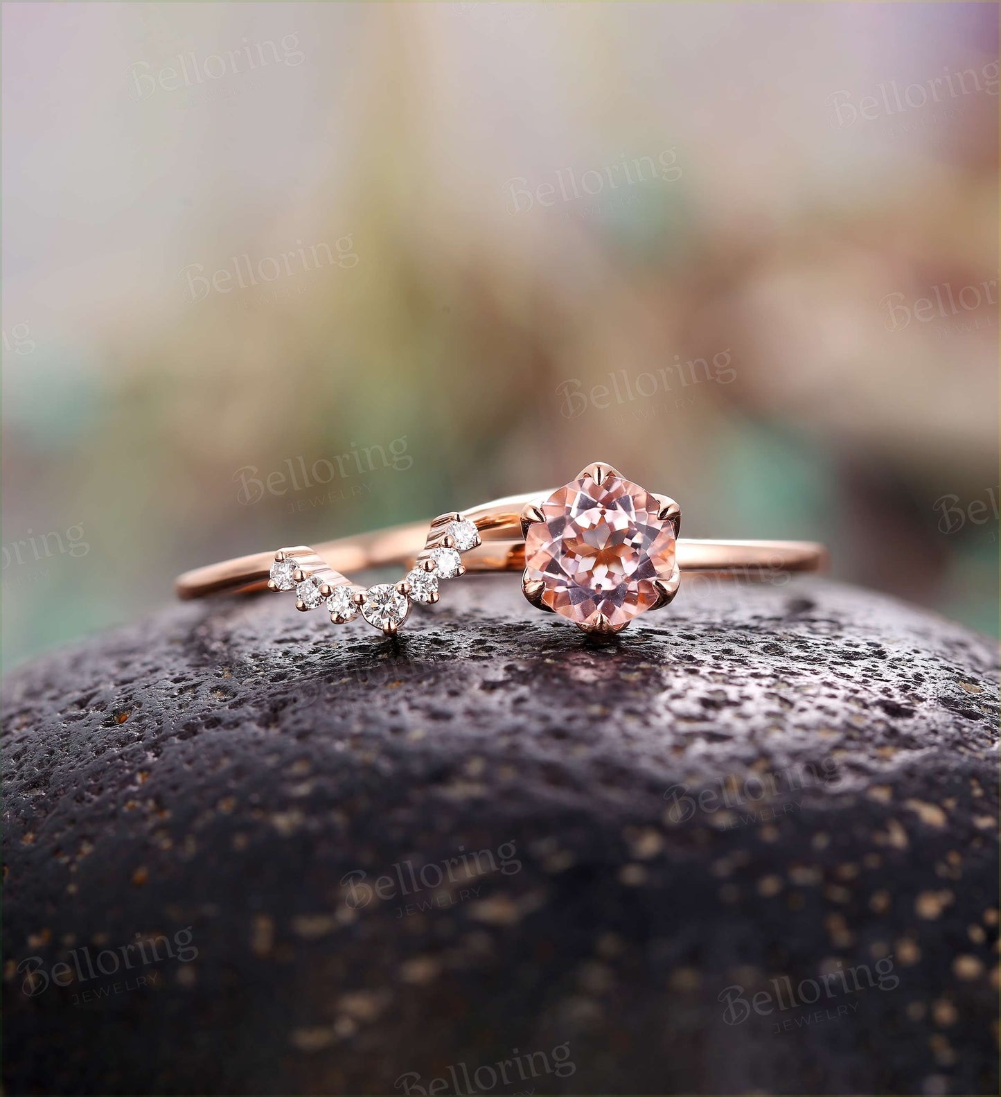 Morganite engagement ring set Diamond curved wedding band vintage prong set ring rose gold Wedding ring set unique anniversary ring set