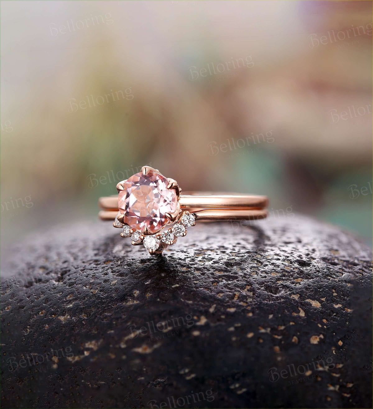 Morganite engagement ring set Diamond curved wedding band vintage prong set ring rose gold Wedding ring set unique anniversary ring set