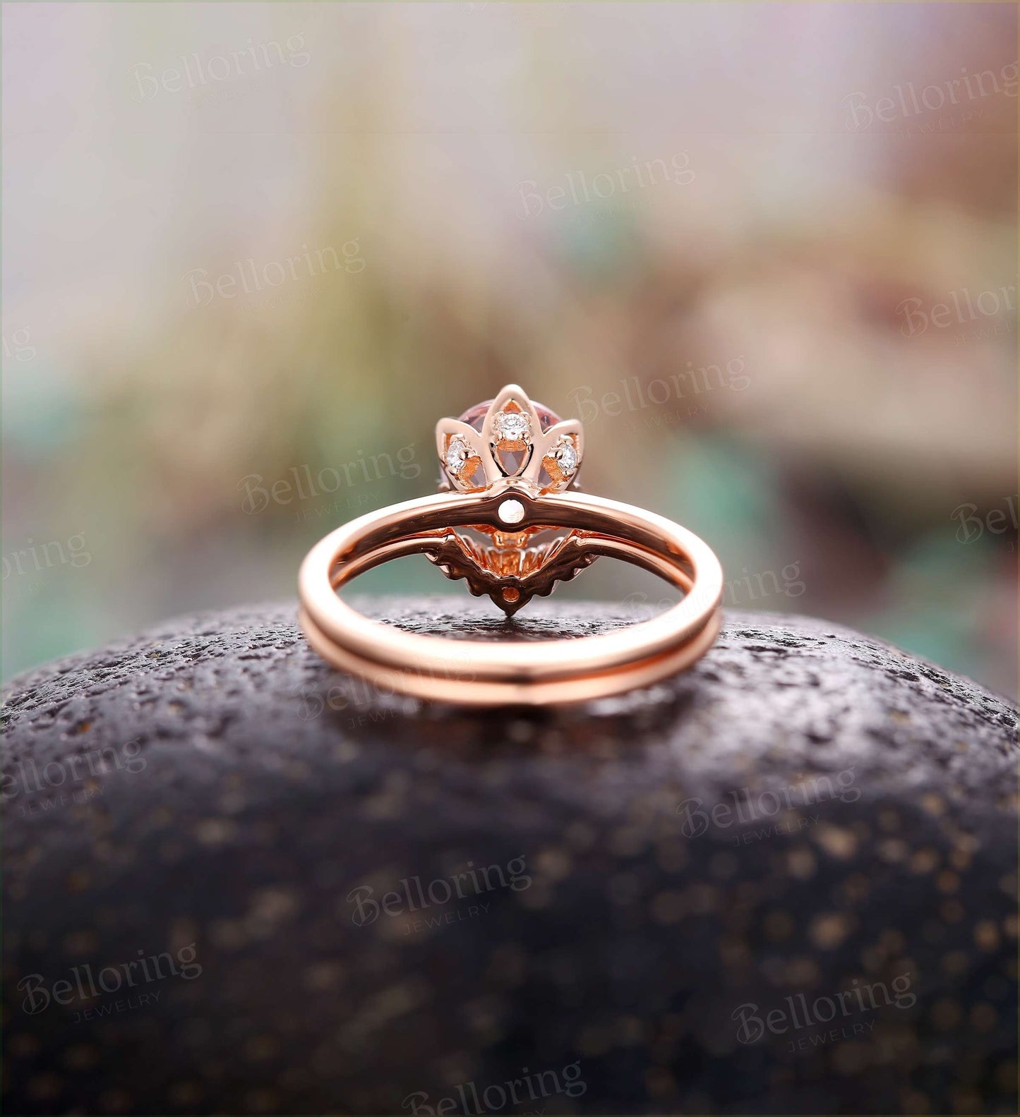 Morganite engagement ring set Diamond curved wedding band vintage prong set ring rose gold Wedding ring set unique anniversary ring set