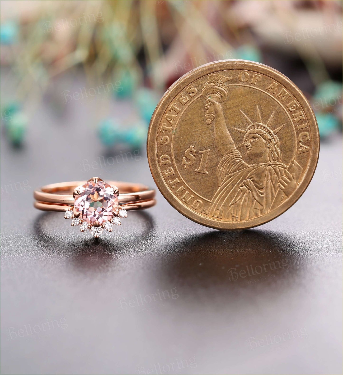 Morganite engagement ring set Diamond curved wedding band vintage prong set ring rose gold Wedding ring set unique anniversary ring set