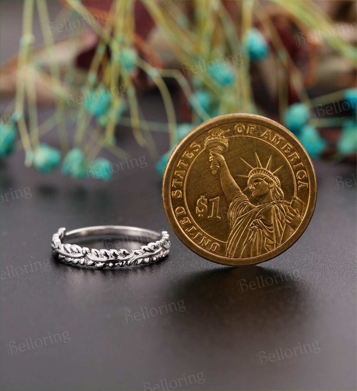 Art Deco wedding band woman white gold vintage leaf Antique Dainty 3/4 eternity band unique stacking Promise anniversary wedding ring