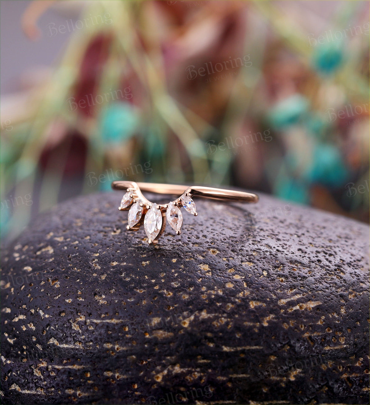 Moissanite Curved wedding band woman Solid 14K rose gold Vintage marquise unique Jewelry Antique stacking Promise Anniversary Gift for her