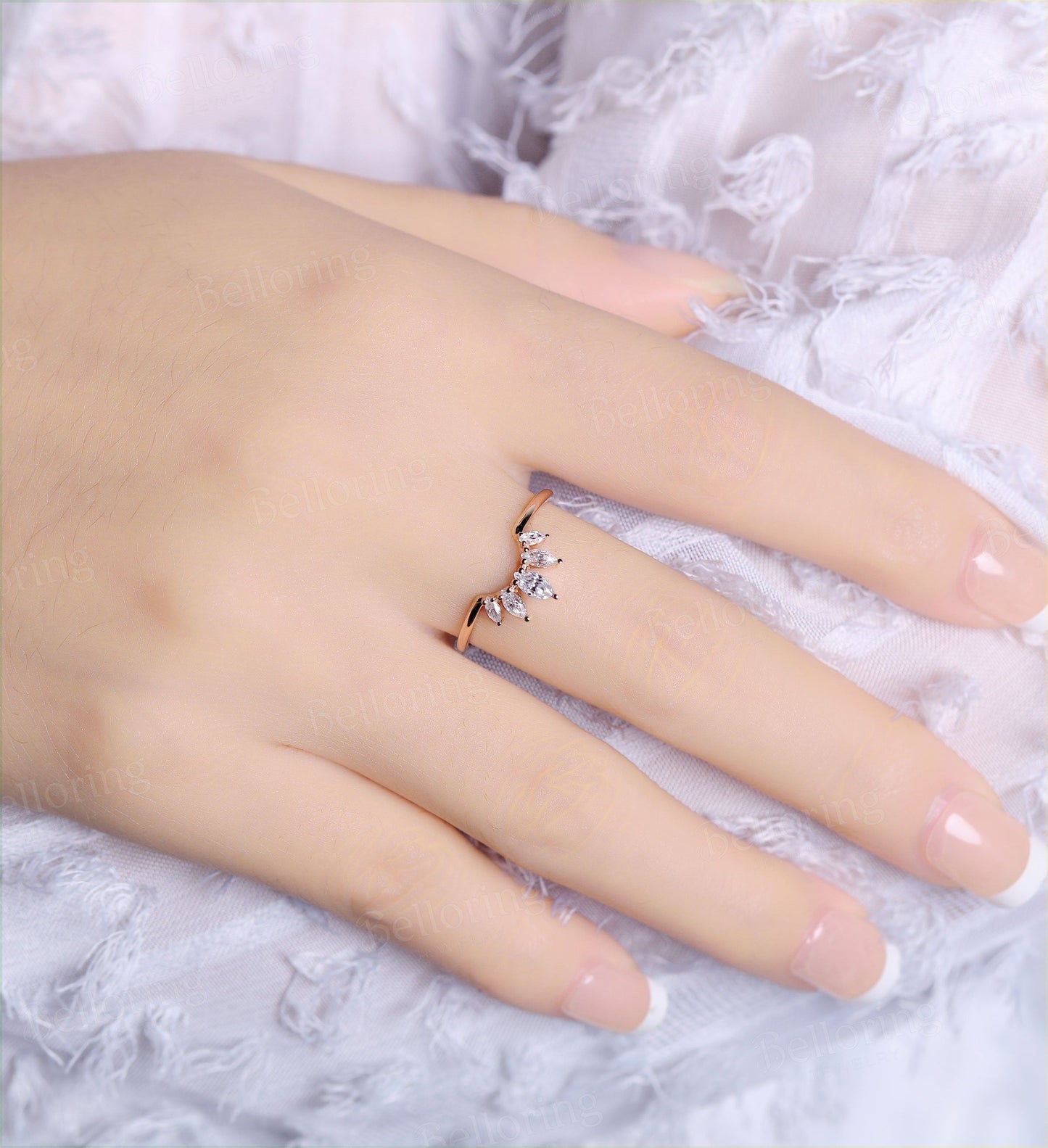 Moissanite Curved wedding band woman Solid 14K rose gold Vintage marquise unique Jewelry Antique stacking Promise Anniversary Gift for her