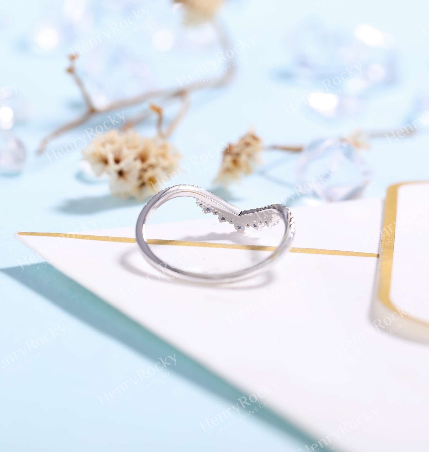 Antique Sapphire wedding band | Vintage ring White gold band | Delicate bridal ring | unique curved wedding ring| promise ring anniversary