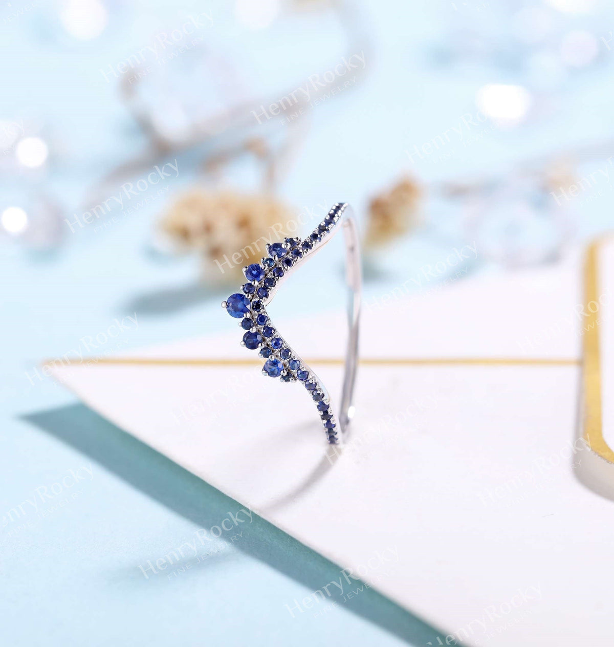 Antique Sapphire wedding band | Vintage ring White gold band | Delicate bridal ring | unique curved wedding ring| promise ring anniversary