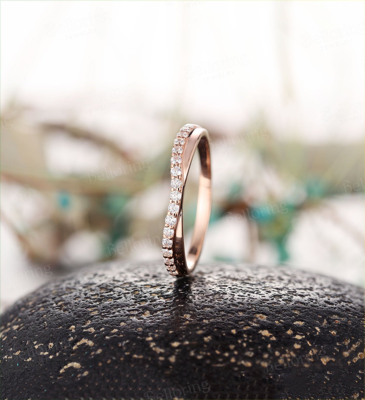 Moissanite wedding band vintage rose gold  Half eternity  antique unique bridal set stacking rings diamond Promise Matching band