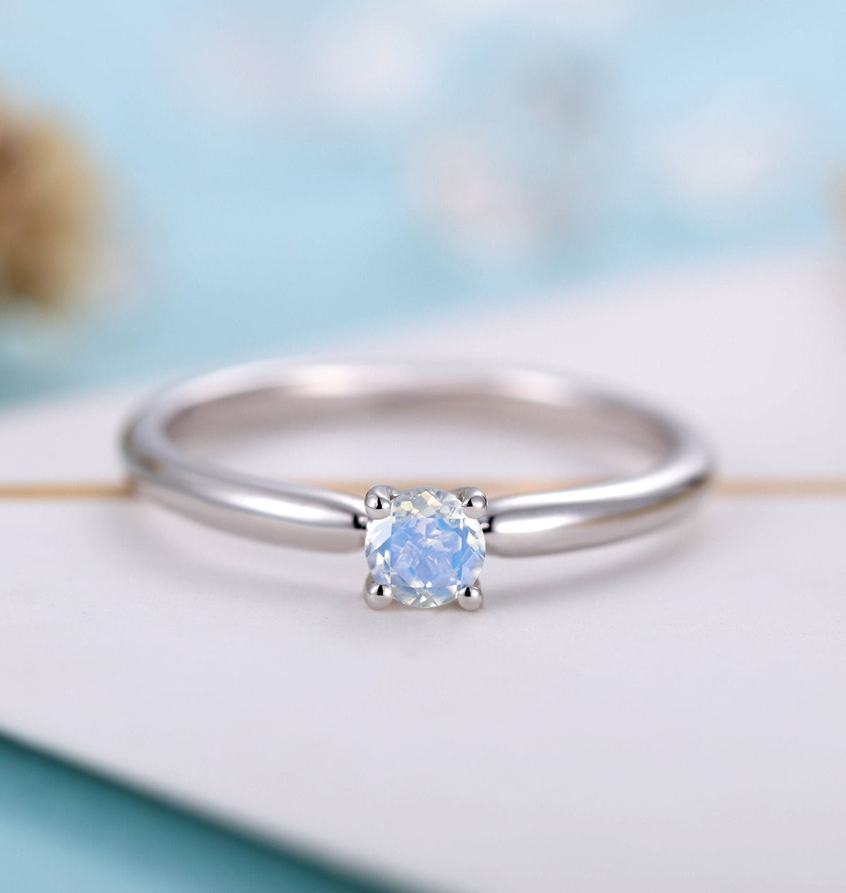 Moonstone Engagement ring white gold women | Solitaire Bridal ring | Unique wedding jewelry | Vintage promise ring anniversary gift for her