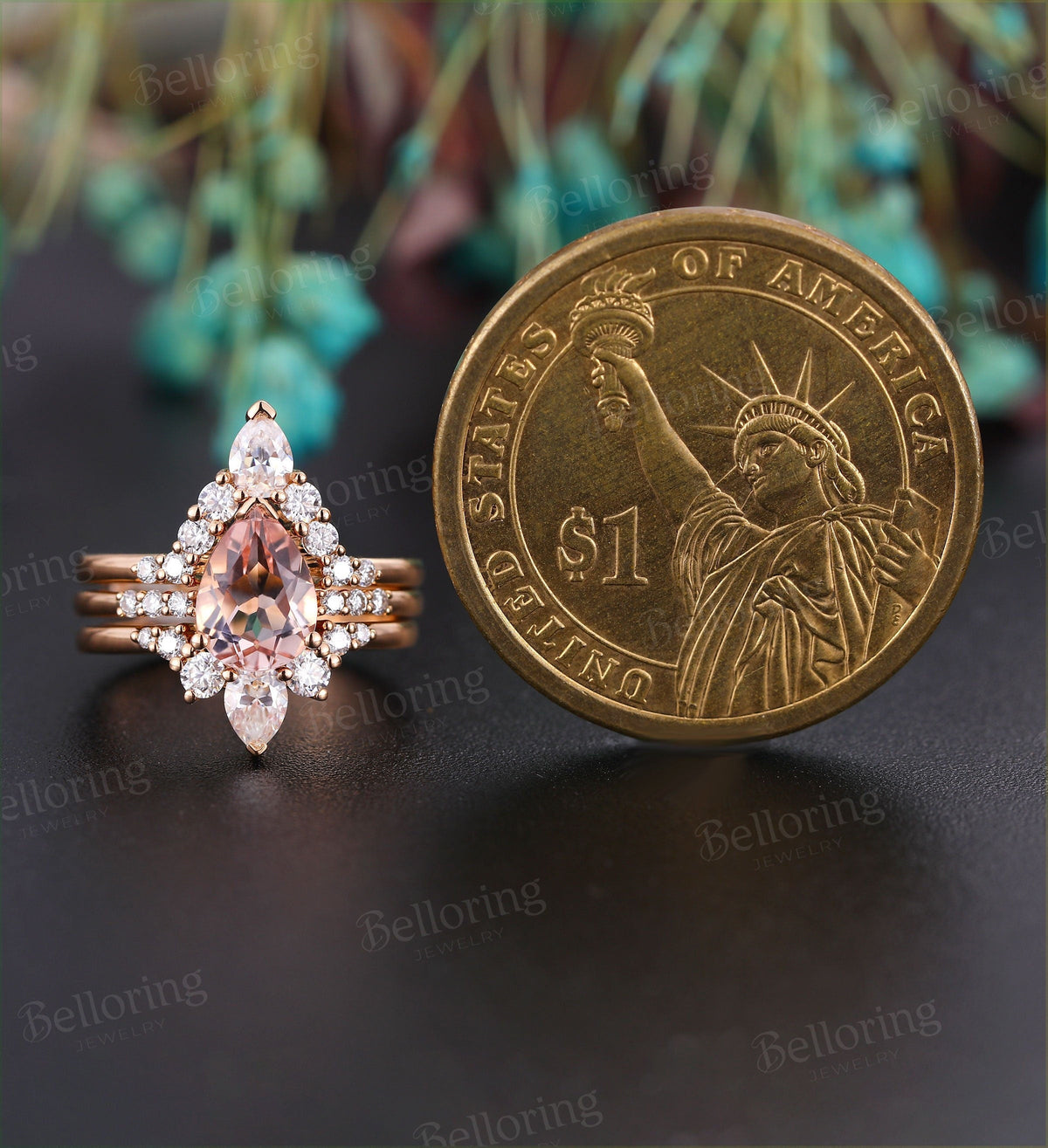 Morganite engagement ring set 14k rose gold pear shaped vintage Moissanite crown Wedding band  unique promise Anniversary wedding ring