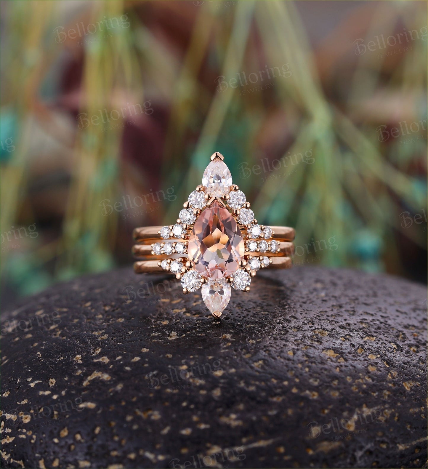Morganite engagement ring set 14k rose gold pear shaped vintage Moissanite crown Wedding band  unique promise Anniversary wedding ring