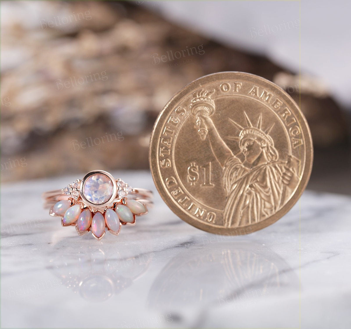 Moonstone engagement ring for , Marquise cut opal wedding band,Vintage rose gold wedding ring,Art deco Jewelry Anniversary wedding ring