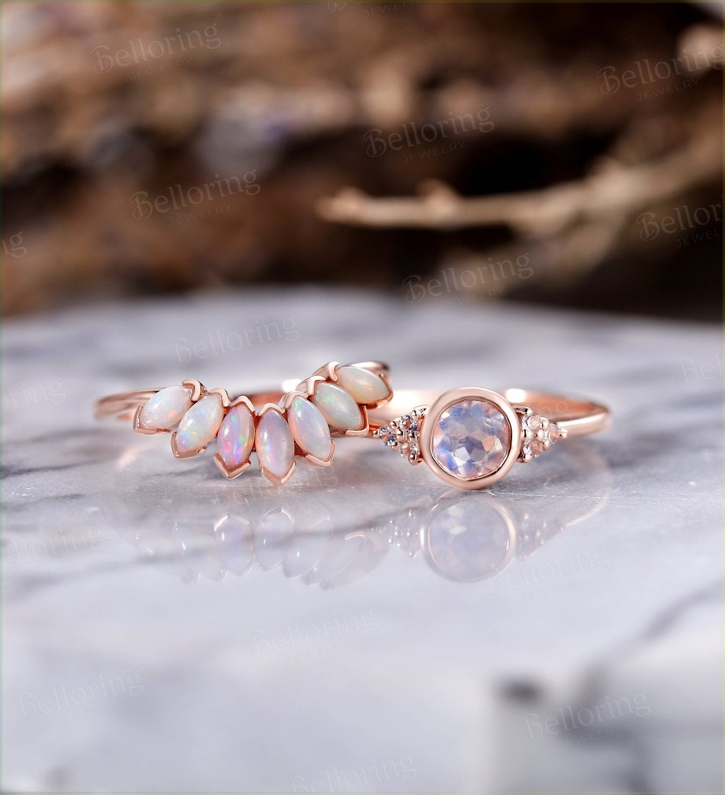 Moonstone engagement ring for , Marquise cut opal wedding band,Vintage rose gold wedding ring,Art deco Jewelry Anniversary wedding ring