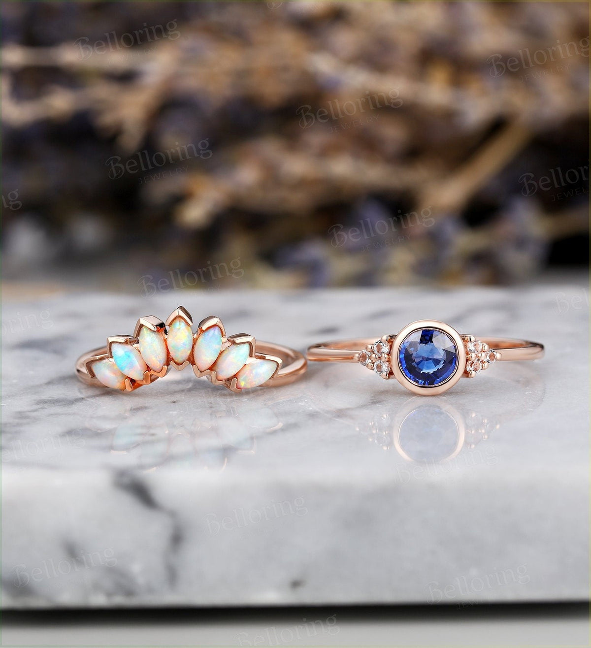 Lab Sapphire engagement ring set  marquise cut white opal band Vintage Topaz side stone rose gold Unique Jewelry birthstone gift