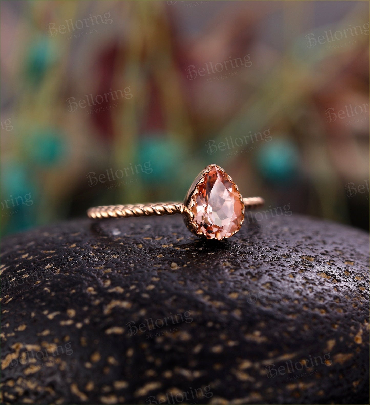 Art deco Morganite engagement ring Rose gold pear cut vintage rings for  antique Jewelry Anniversary wedding ring