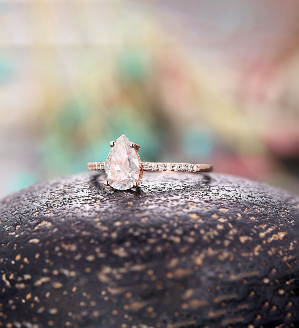 Moissanite engagement ring pear shaped vintage moissanite/diamond Half eternity prong set promise ring antique Anniversary wedding ring